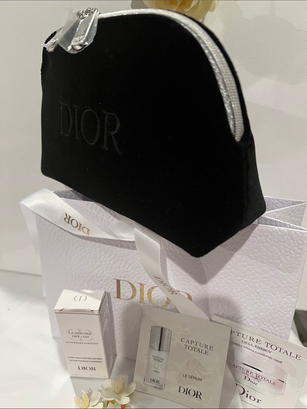 New 🤩 Dior Velvet Pouch with White dior Ribbon bag + skin care